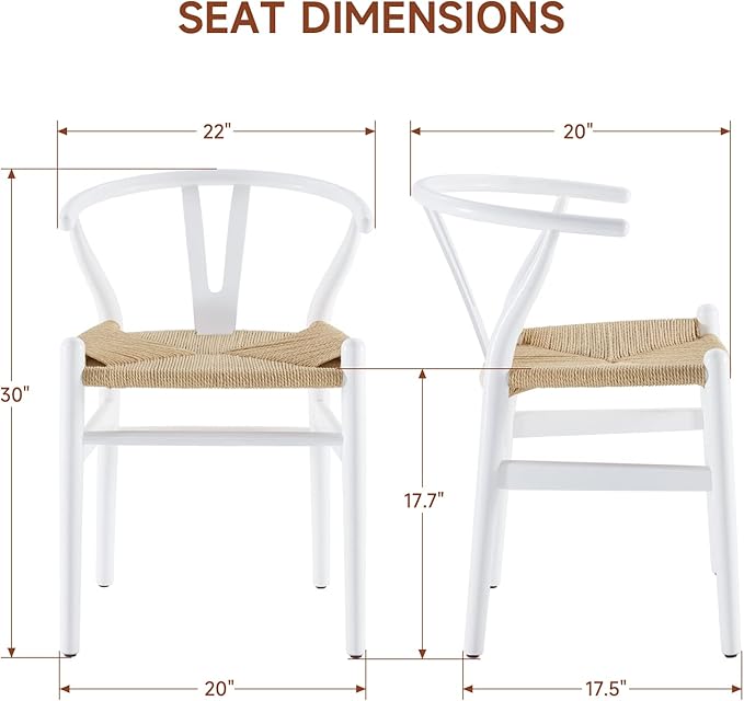 Farini Rattan Chairs for Dining Room Wishbone Chair Solid Wood Armchairs Y Shaped Backrest Hemp Seat for Home Restaurant Fully-Assembled(Set of 2,White-Beige Seat) - LeafyLoom