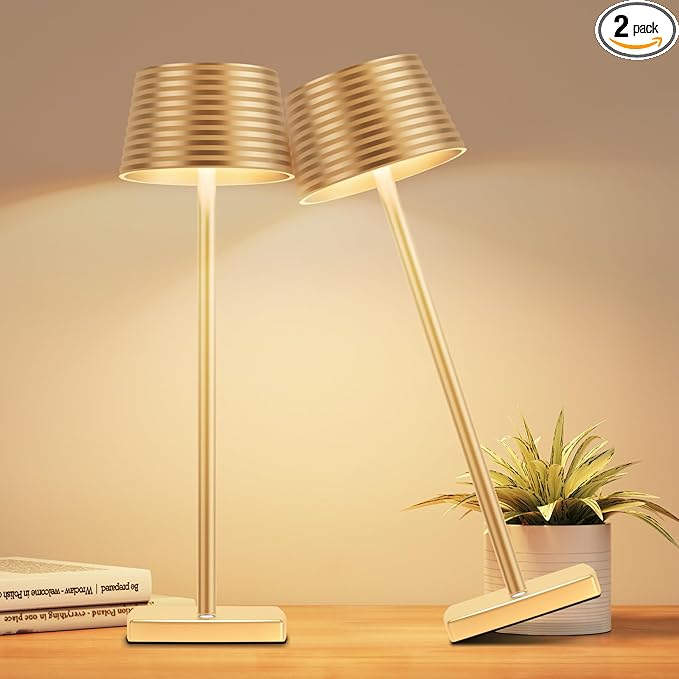 Rechargeable Cordless Table Lamp, Battery 5000mAh Metal Aluminum Housing USB LED Portable Powered Desk Lamp, 3 Levels Brightness Night Light for Restaurants Bars Outdoor (Gold-2pack) - LeafyLoom