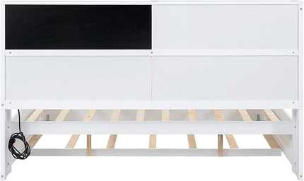Wooden Full Size Daybed with Twin Trundle, USB Ports, Storage Shelves, Blackboard, Cork board, White - LeafyLoom