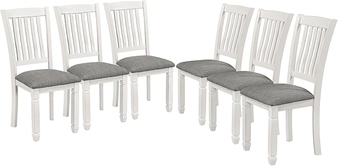 7-Piece Modern Dining, Wooden Kitchen Room Table Set with 6 Upholstered Chairs-Elegantly Shaped Legs and Comfortable Seating, Gray+White - LeafyLoom