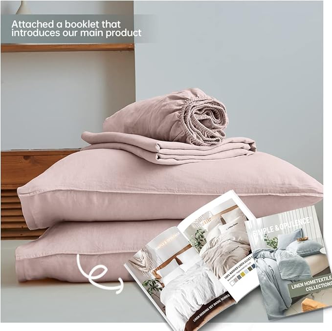 Simple&Opulence 100% Linen Sheet Set Solid Color-4 Pcs Washed French Linen Bed Sheets(1 Flat Sheet,1 Fitted Sheet,2 Pillowcases)-Breathable Bedding Set (Queen, Blush Pink) - LeafyLoom