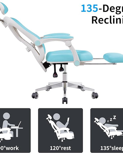 Ergonomic Office Chair with Footrest | Adjustable Lumbar Support, Reclining Desk Chair with Leg Rest, Comfortable Mesh Computer Chair for Home & Office (Blue) - LeafyLoom