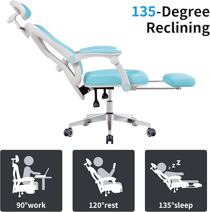 Ergonomic Office Chair with Footrest | Adjustable Lumbar Support, Reclining Desk Chair with Leg Rest, Comfortable Mesh Computer Chair for Home & Office (Blue) - LeafyLoom