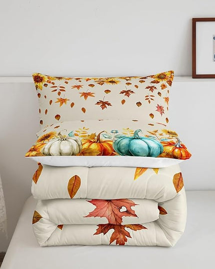 Fall Pumpkin Bedding Set For Home Queen Thanksgiving Harvest Season Fruit Decor Comforter Set Autumn Fall Maple Leaf Quilt Comforter for Kids Teen Adults,Rustic Farm Sunflower Bed Sets 2 Pillow Cases - LeafyLoom