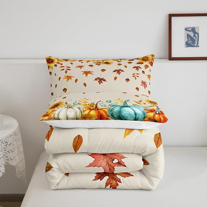 Fall Pumpkin Bedding Set For Home King Thanksgiving Harvest Season Fruit Decor Comforter Set Autumn Fall Maple Leaf Quilt Comforter for Kids Teen Adults,Rustic Farm Sunflower Bed Sets 2 Pillow Cases - LeafyLoom