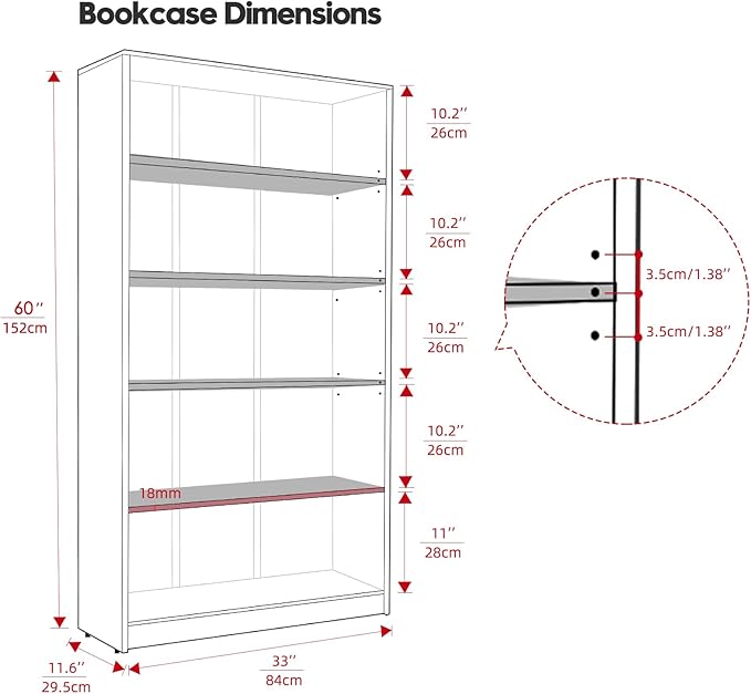 Farini 5 shelf boockase Display Bookcase Freestanding Wooden Bookshelves for Home Office Living Room,60 Inch Height,Black - LeafyLoom