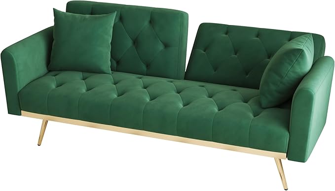 Velvet Upholstered Modern Convertible Futon Couch Folding Sofa Bed Recliner Lounge Loveseat Daybed Sofacama with Adjustable Backrest and Golden Legs for Small RV Living Room Office, Green 68.3" - LeafyLoom