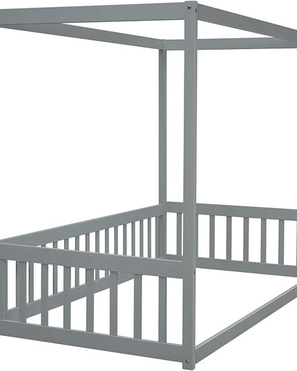 Twin Size Canopy Bed Frame with Guardrails for Kids,Floor Bed Twin with Four Poster Design,Kids Montessori Floor Bed,Wood Canopy Bed Frame for Girls,Boys(Twin,Grey) - LeafyLoom