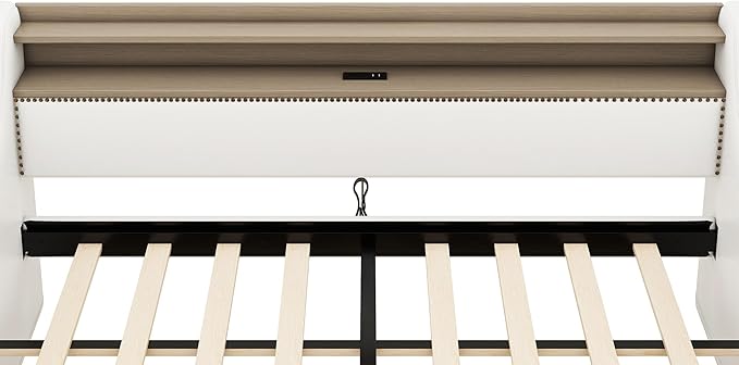 Twin Size Daybed with 2 Storage Drawers, Upholstered Daybed with Charging Station and LED Lights, PU Leather Fabric Bedframe w/Headboard & Wood Slat Support for Living Room, White - LeafyLoom