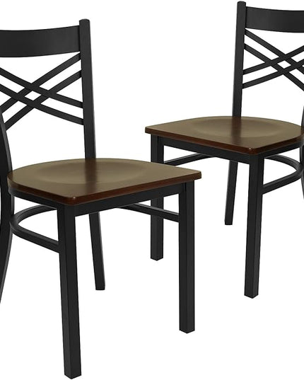 Flash Furniture 2 Pack HERCULES Series Black ''X'' Back Metal Restaurant Chair - Mahogany Wood Seat - LeafyLoom