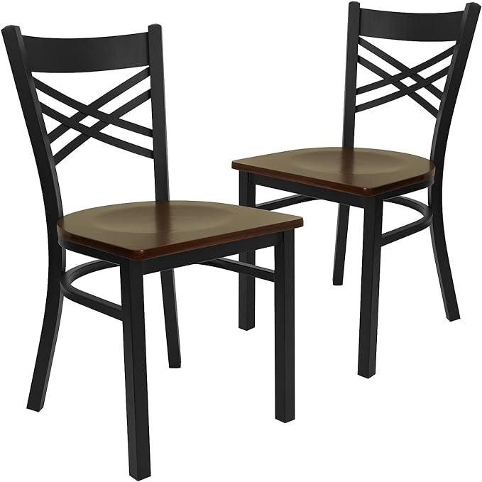 Flash Furniture 2 Pack HERCULES Series Black ''X'' Back Metal Restaurant Chair - Mahogany Wood Seat - LeafyLoom