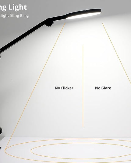 Desk Lamp with Clamp, Long Clip on Lights for Home Office, 3 Modes x 10 Brightness, Swing Arm Desk Clamp Task Table Lamps with Adapter, Black - LeafyLoom