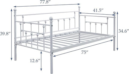 VECELO Twin Size Daybed Frame Metal Steel Slat Support with Headboard Sofa Bed Platform for Living Room, Guest Room, Easy Assembly, White - LeafyLoom