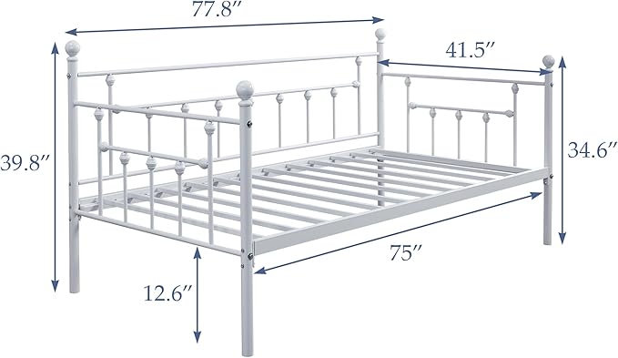 VECELO Twin Size Daybed Frame Metal Steel Slat Support with Headboard Sofa Bed Platform for Living Room, Guest Room, Easy Assembly, White - LeafyLoom