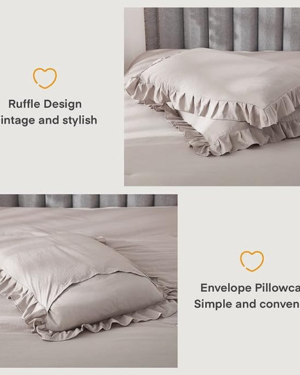 Andency Wheat Ruffle Comforter Full(79x90Inch), 3 Pieces(1 Ruffled Comforter and 2 Pillowcases) Vintage Ruffle Fringe Comforter, Farmhouse Rustic Microfiber Down Alternative Bedding Comforter Set - LeafyLoom