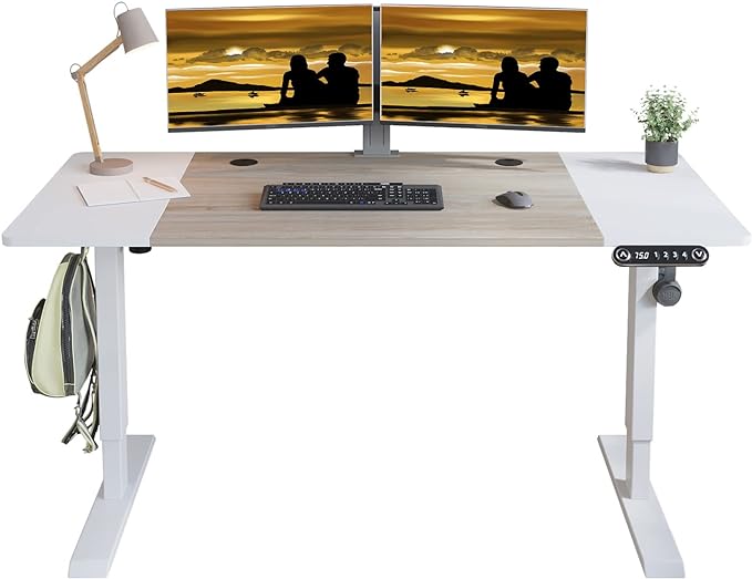 Adjustable Height Electric Standing Desk - 63 x 30 Inch Sit Stand Computer Desk with Splice Board, Stand Up Desk Table for Home Office, White Frame/White and Oak Top - LeafyLoom