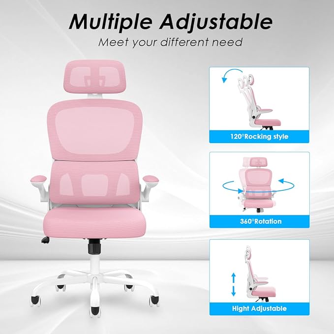 Soohow Ergonomic Home Office Chair, Mesh Desk Chair with Lumbar Support, Comfy Computer Desk Chair with Flip Armrest Rolling Wheels, Adjustable Headrest, Pink. - LeafyLoom