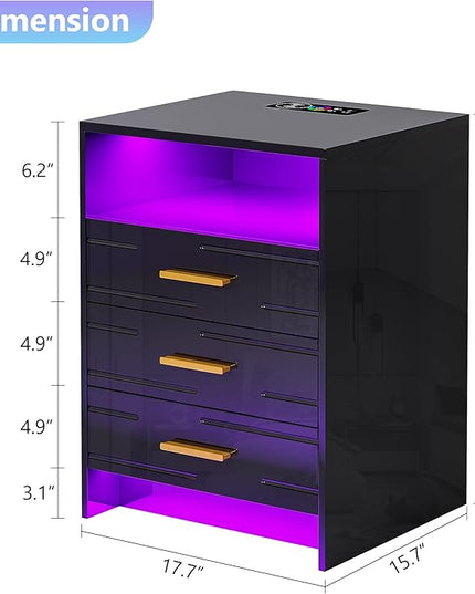 HNEBC Black Nightstand with Wireless Charging Station and Lights, 3 Drawers, Modern Bedside Table with Human Sensor for Bedroom - LeafyLoom