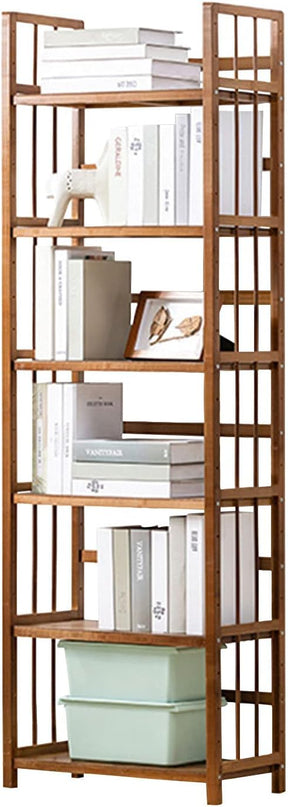 IOTXY Adjustable Bamboo Open Bookshelf - Small 6-Tier Tall Free Standing Storage Rack, Multifunctional Display Stand for Home and Office, Bookcase, Light Brown - LeafyLoom