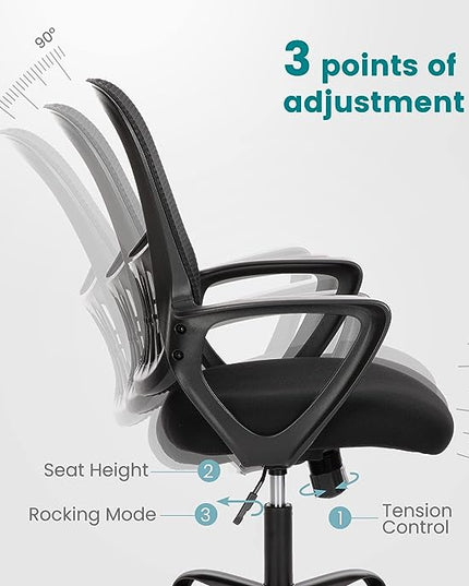 SMUG Office Computer Desk Chair, Ergonomic Mid-Back Mesh Rolling Work Swivel Task Chairs with Wheels, Comfortable Lumbar Support, Comfy Arms for Home, Bedroom, Study, Dorm, Student, Adults, Black - LeafyLoom