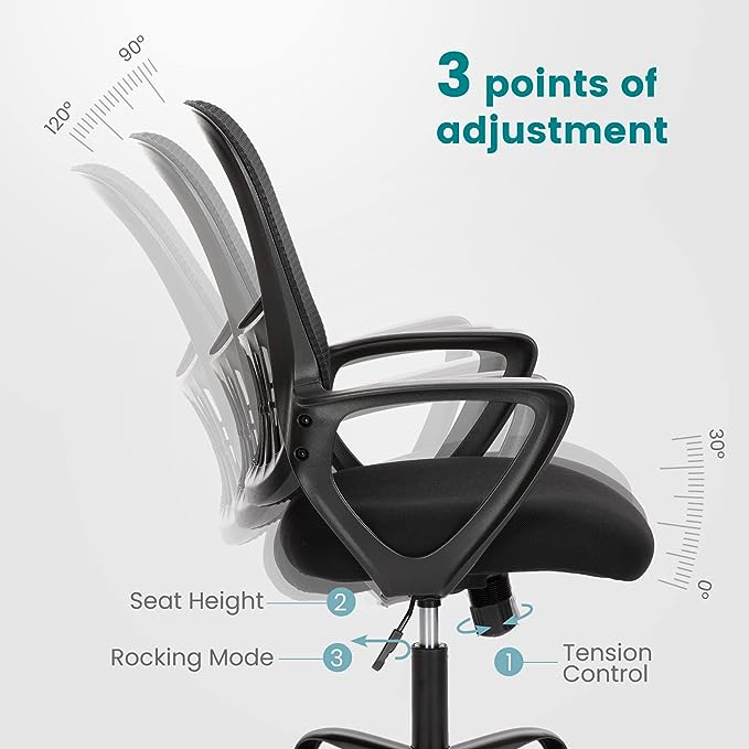 SMUG Office Computer Desk Chair, Ergonomic Mid-Back Mesh Rolling Work Swivel Task Chairs with Wheels, Comfortable Lumbar Support, Comfy Arms for Home, Bedroom, Study, Dorm, Student, Adults, Black - LeafyLoom