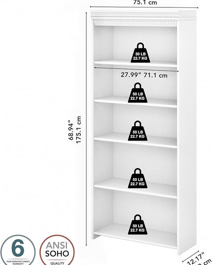 Bush Furniture Fairview Tall 5 Shelf Bookcase in Pure White and Shiplap Gray - LeafyLoom