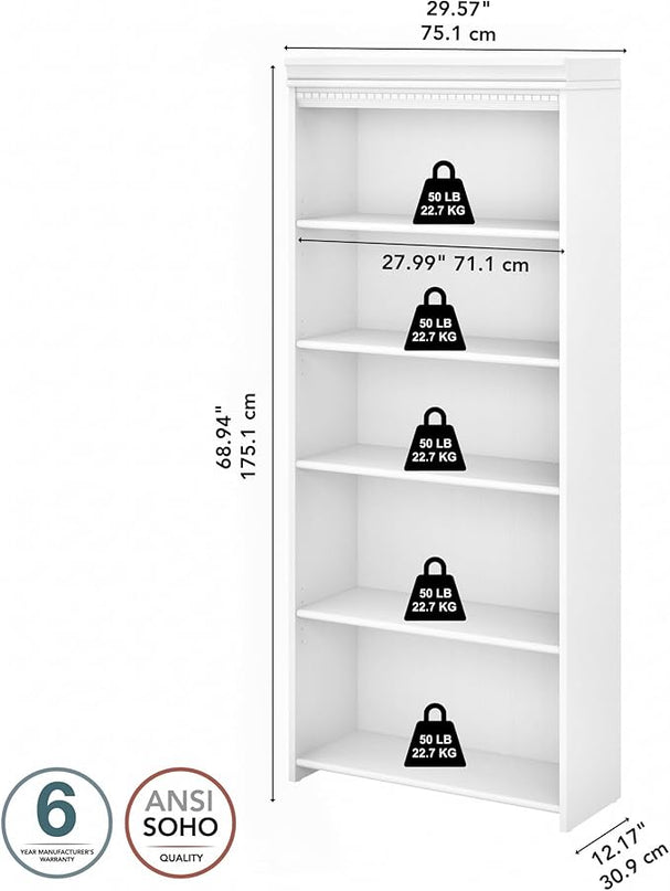Bush Furniture Fairview Tall 5 Shelf Bookcase in Pure White and Shiplap Gray - LeafyLoom