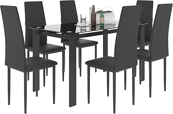 NicBex Dining Table for 6 Kitchen & Dining Room Tables 7-Piece Dining Table Set Modern Dining Table and Chair Glass Dining Table with 4 Chairs for Small Space, Black - LeafyLoom
