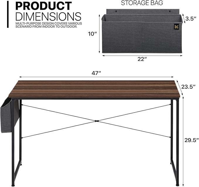 MoNiBloom 47 Inches Computer Desk with Storage Bag, Study Work Writing Table w/Metal Frame for Home Office, Walnut Color - LeafyLoom