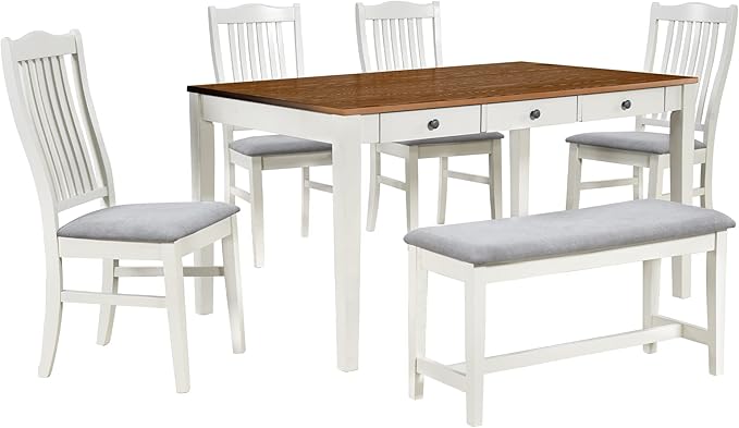 Mid-Century 6-Piece Dining, Durable&Soft Wooden Table Set with Small Storage Drawer, Upholstered Chairs and Bench for Living Room Kitchen, Butter Milk - LeafyLoom
