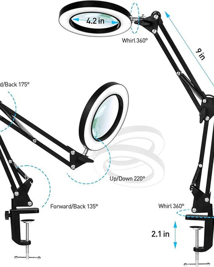 10X Magnifying Glass with Light, Flexible Arm Magnifier Lamp, 3 Color Modes & Stepless Dimming Magnifying Lamp with Clamp, Hands Free Lighted Magnifying Glass for Hobby Craft Workbench-Black - LeafyLoom