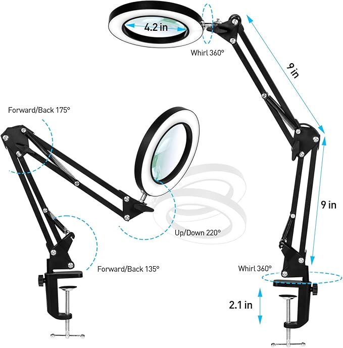 10X Magnifying Glass with Light, Flexible Arm Magnifier Lamp, 3 Color Modes & Stepless Dimming Magnifying Lamp with Clamp, Hands Free Lighted Magnifying Glass for Hobby Craft Workbench-Black - LeafyLoom