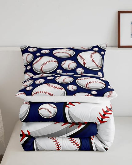 Baseball Bedding Set Sports Theme Comforter Set for Kids Boys Girls Teens 3D Blue Ball Pattern Comforter Breathable Baseball Games Duvet Set Room Decor Quilt Set Twin Size - LeafyLoom