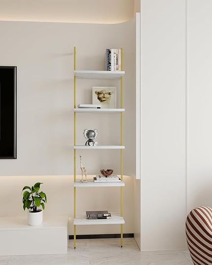 Ladder Shelf 5 Tiers Metal Industrial Bookshelf,White Marble Wood Tall Open Storage Rack and Display Shelves,Wall Mount Wide Book Case for Home Office Bedroom,Small - LeafyLoom