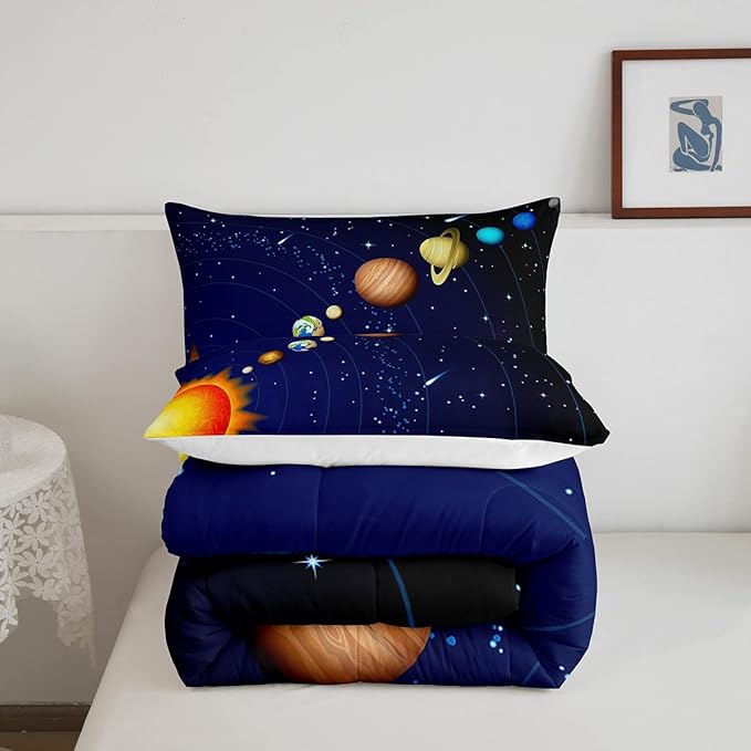Erosebridal Solar System Comforter Set Twin Outer Space Bedding Set for Kids Boys Teens Universe Planets Down Comforter Galaxy Nebula Starry Sky Cosmos Quilted Duvet, Blue Purple - LeafyLoom