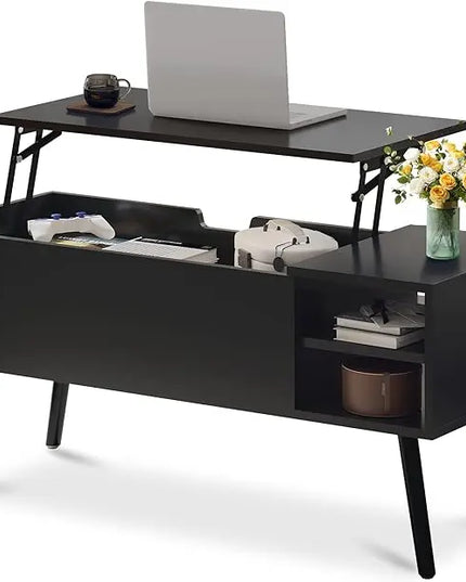 Coffee Table Lift Top - Black Coffee Table with Lifting Top and Hide Compartment Storage - Rectangle Coffee Table Wood - Lift up Coffee Tables for Living Room - LeafyLoom