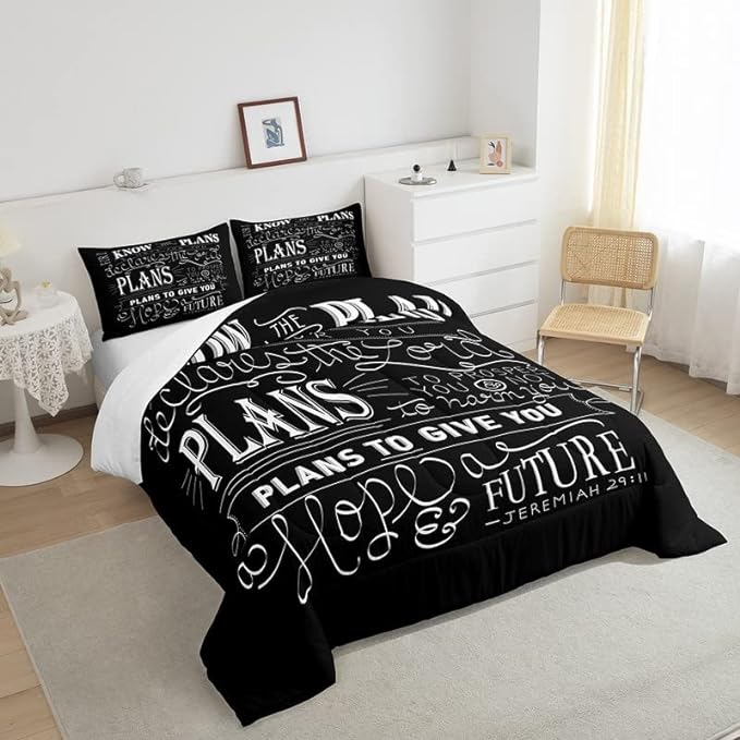 Feelyou Kids Vintage Bible Verse Comforter Set Christian Bible Verse Jeremiah Comforter Set for Boys Children Teens Bedroom Decor Modern Comforter Black Duvet Set King Size with 2 Pillow Case - LeafyLoom
