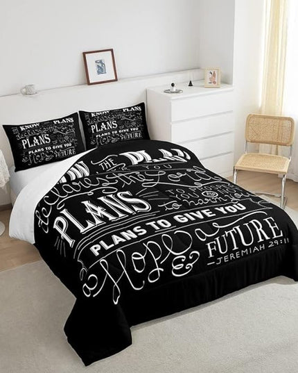 Feelyou Kids Vintage Bible Verse Comforter Set Christian Bible Verse Jeremiah Comforter Set for Boys Children Teens Bedroom Decor Modern Comforter Black Duvet Set Queen Size with 2 Pillow Case - LeafyLoom