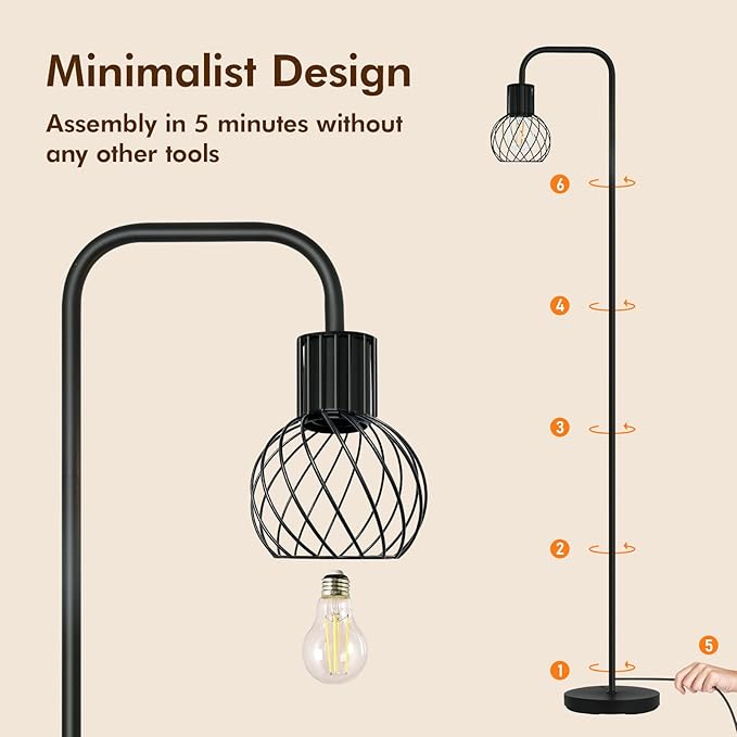 Floor Lamp, Industrial Floor Lamp for Living Room, Modern Standing Lamp with 6W LED Bulb, Foot Switch, Minimalist Pole Lamp Vintage Farmhouse Stand Up Lamps for Bedroom, Office, Book Nook,Black - LeafyLoom