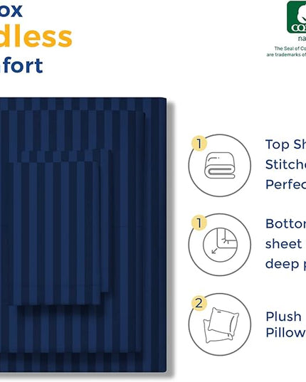 THREAD SPREAD Luxury Egyptian Cotton Twin Stripe Sheet Set - 600 Thread Count Extra Long Staple 3 PC Set, Twin Damask Sheets, Soft, Cooling Sateen Weave Striped Sheets Upto 18" Deep Pocket - Navy Blue - LeafyLoom