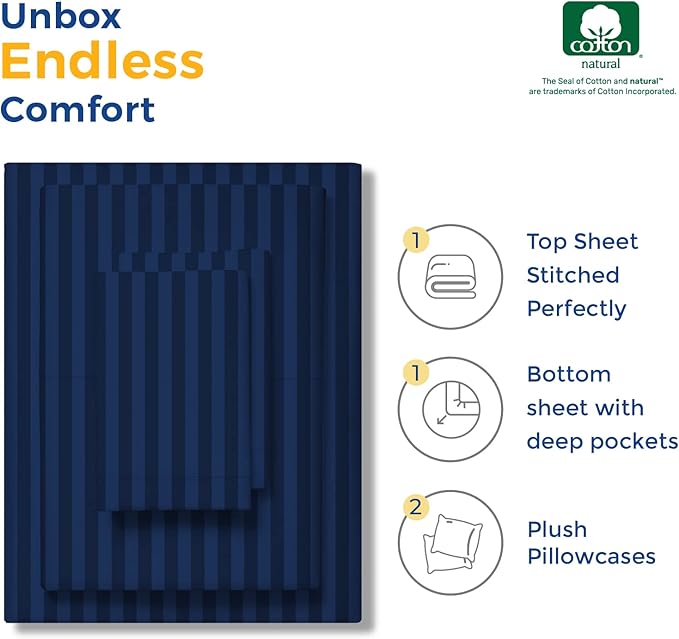 THREAD SPREAD Luxury Egyptian Cotton Twin Stripe Sheet Set - 600 Thread Count Extra Long Staple 3 PC Set, Twin Damask Sheets, Soft, Cooling Sateen Weave Striped Sheets Upto 18" Deep Pocket - Navy Blue - LeafyLoom