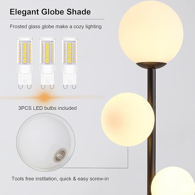 3 Globe Mid Century Floor Lamp, 3 Lights Black Floor Lamp for Living Room LED Bulbs Included with Warm Lighting, Modern Standing lamp Farmhouse Retro Home Decor for Bedrooms Office - Matte Black - LeafyLoom