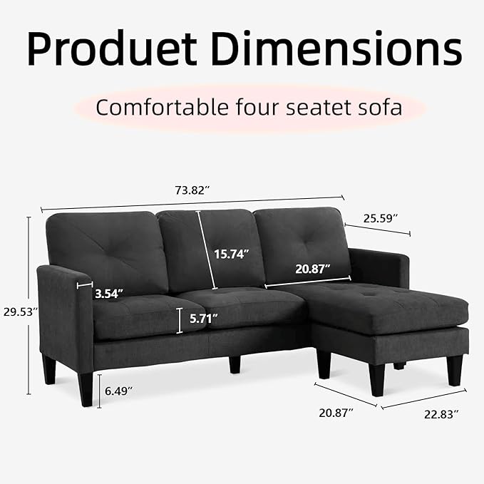 L-Shaped Sectional Modern Sofa - Convertible Sofa Sleeper Sofa Bed Couch Set with Reversible Chaise, Lounge Sofa Modular Cloud Sofa for Living Room Apartment Small Space (Black) - LeafyLoom