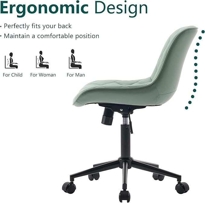 YOUNUOKE Office Chair Armless Leather Desk Chair with Wheels Thick Upholstery Computer Chair Small Cute Home Office Chair Swivel Rolling Task Chairs, Mint Green - LeafyLoom