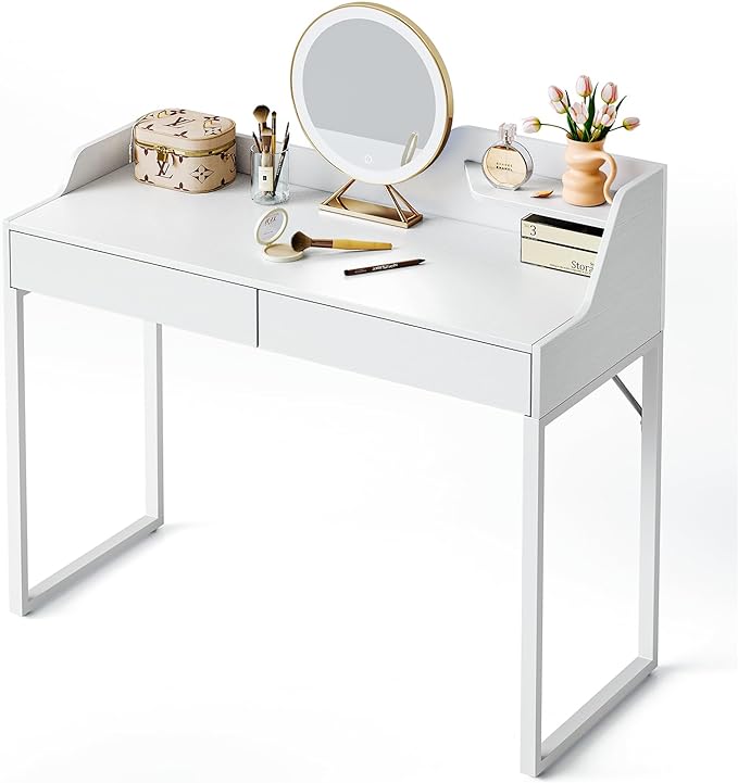 CubiCubi Vanity Desk with 2 Drawers, 40 Inch Computer Home Office Desk, Modern Makeup Dressing Desk, Study Work Table, White - LeafyLoom