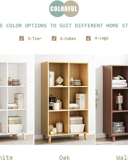 IOTXY Open Cube Low Bookcase - 3-Tier Freestanding Storage Display Cabinet Organizer with Legs for Home Office, 6-Cubes Open Shelf Short Bookshelf, Walnut - LeafyLoom