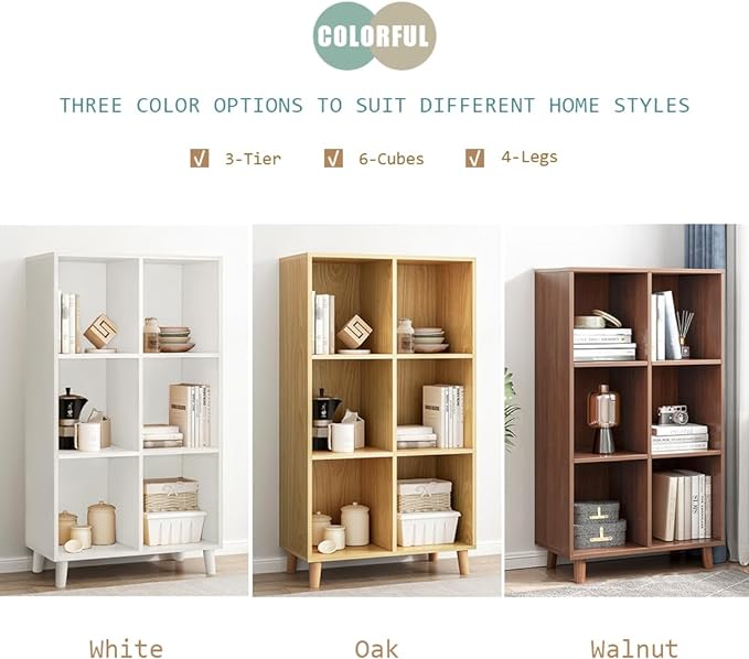 IOTXY Open Cube Low Bookcase - 3-Tier Freestanding Storage Display Cabinet Organizer with Legs for Home Office, 6-Cubes Open Shelf Short Bookshelf, Walnut - LeafyLoom