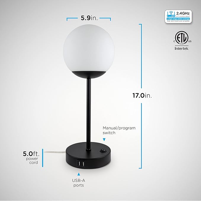 Enbrighten Bedside Decor Lamp Tabletop Wi-FI Dimmable Color Changing Music-Sync 2-Port USB-charging Station 2.4A Dorm Bedroom Home Office Living Room Compatible with Alexa 70331 Black - LeafyLoom