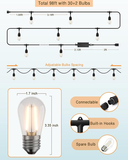 XMCOSY+ Outdoor String Lights, 98Ft Smart LED Patio Lights, WiFi Control, Compatible with Alexa, Waterproof Dimmable Edison String Lights for Outside, Porch XMcosy