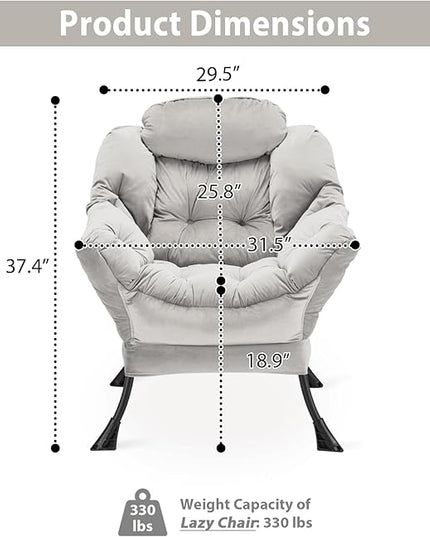 Lazy Chair Thick Padded, Accent Chair Velvet Upholstered with Wide Seat, Stable Metal Frame and Non-Slip Pad, Modern Sofa Armchair with Side Storage Bag for Dorm, Room, Office, Light Gray - LeafyLoom